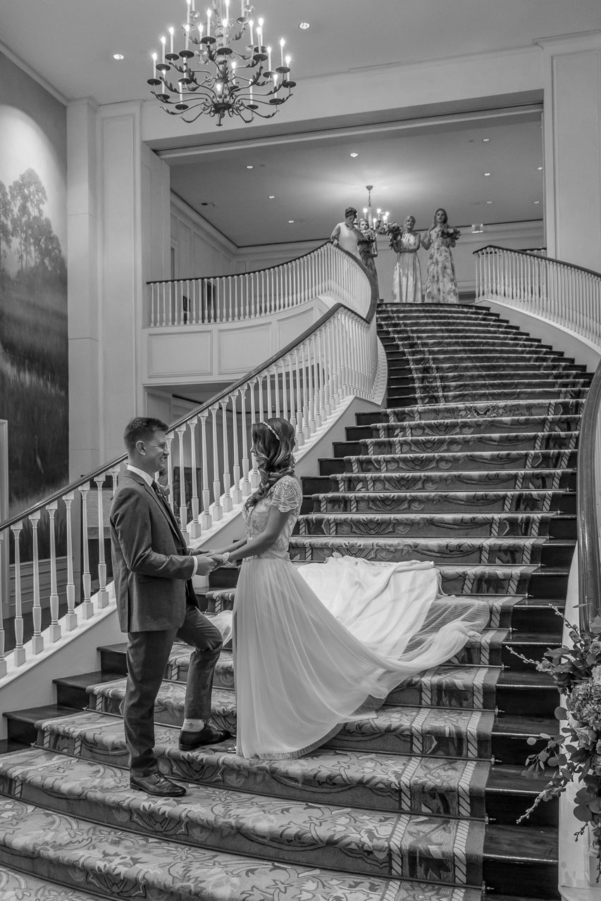 Sanctuary at Kiawah island wedding couple on grand staircase